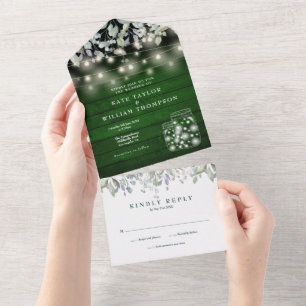 Invitation Tout En Un Vert Bois Floral Chaîne Lumières Monogramme Mariag