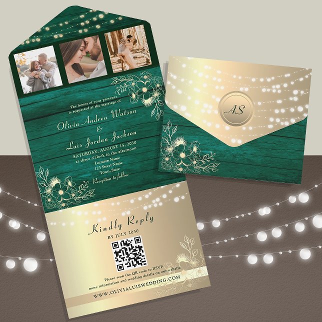 Invitation Tout En Un Vert bois Rustique Chaîne Lumières Mariage QR Code (Créateur téléchargé)