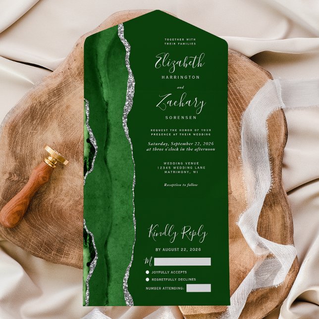 Invitation Tout En Un Vert Chasseur Mariage Noces Agate Argent (Créateur téléchargé)