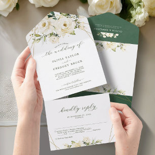 Invitation Tout En Un Vert Elégant blanc rosek Mariage floral