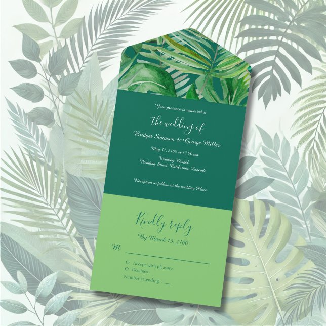 Invitation Tout En Un vert émeraude mariage tropical (Créateur téléchargé)