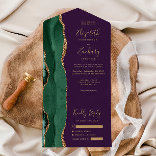 Invitation Tout En Un Vert émeraude moderne or agate violet mariage