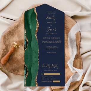 Invitation Tout En Un Vert émeraude or agate bleu marine mariage