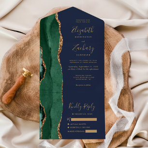 Invitation Tout En Un Vert émeraude or agate bleu marine mariage