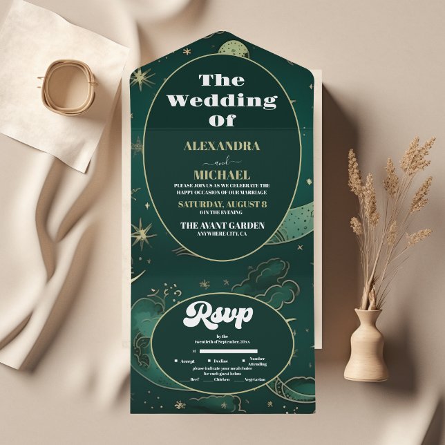 Invitation Tout En Un Vert Émeraude Or Céleste Mariage (Créateur téléchargé)