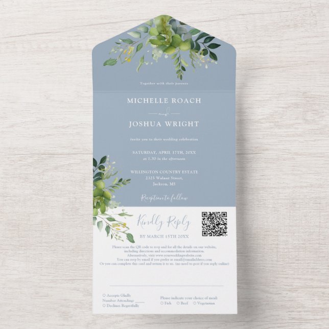 Invitation Tout En Un Vert Floral QR Code Dusty Blue Mariage (À l'intérieur)