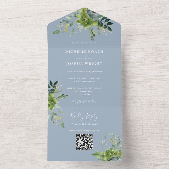 Invitation Tout En Un Vert Floral QR Code moderne Dusty Blue Mariage (À l'intérieur)