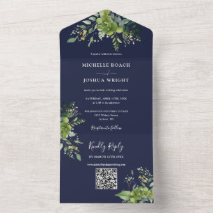 Invitation Tout En Un Vert Floral QR Code moderne Marine Mariage bleu
