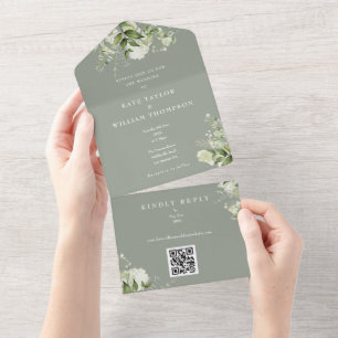 Invitation Tout En Un Vert Floral QR Code Sage Vert Mariage