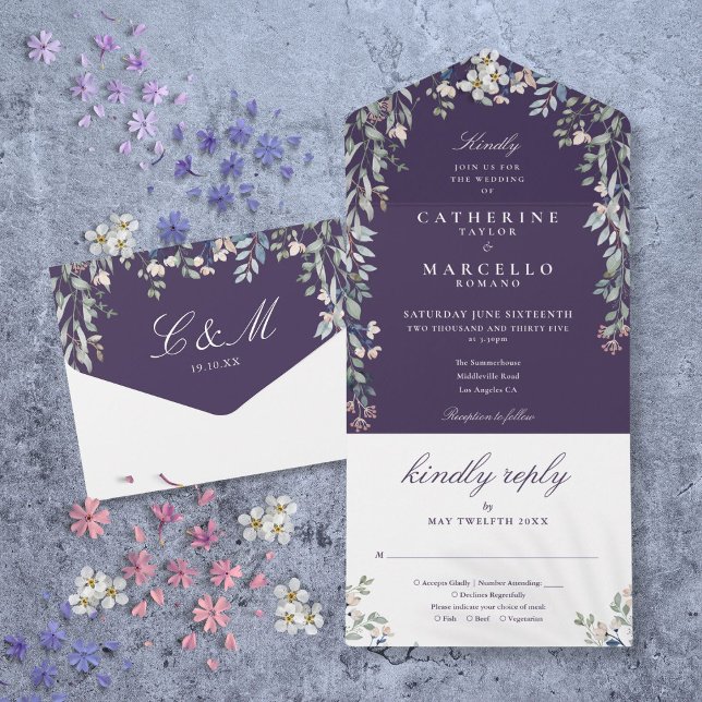 Invitation Tout En Un Vert Floral Violet Cascade Mariage (Purple Floral Greenery Cascade Wedding All In All In One Invitation)