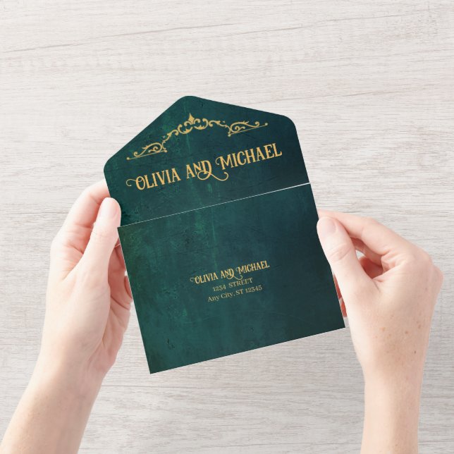 Invitation Tout En Un Vert foncé vintage (Ouverture)