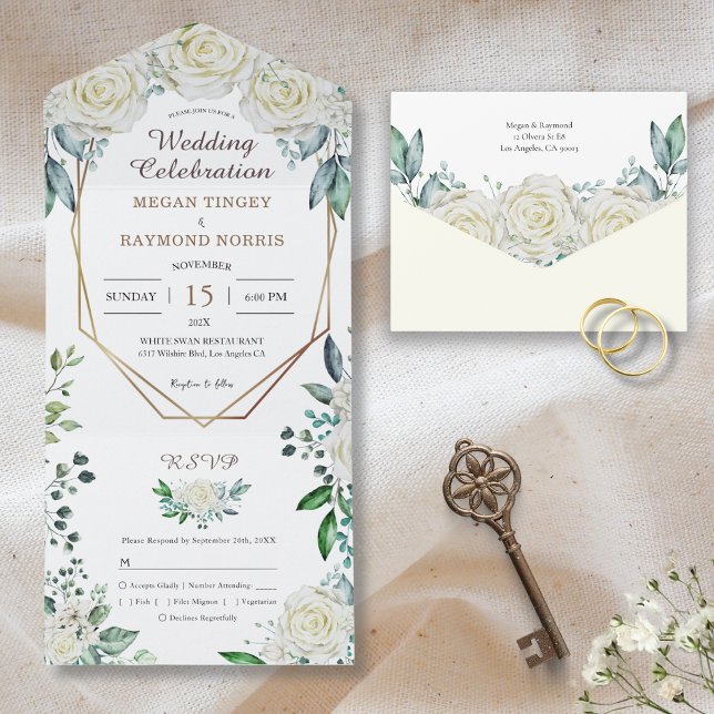 Invitation Tout En Un Vert géométrique Roses vert et blanc Rustique (Créateur téléchargé)