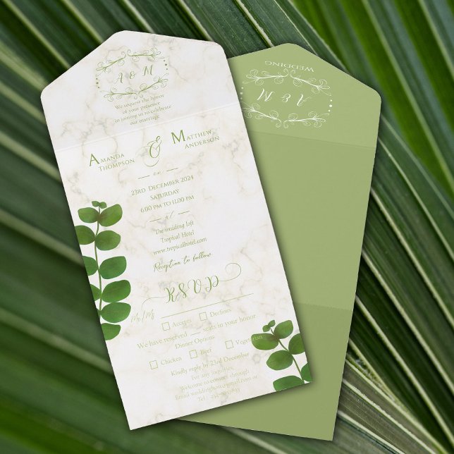 Invitation Tout En Un Vert mariage (Chic simple all-in-one invitation card.)