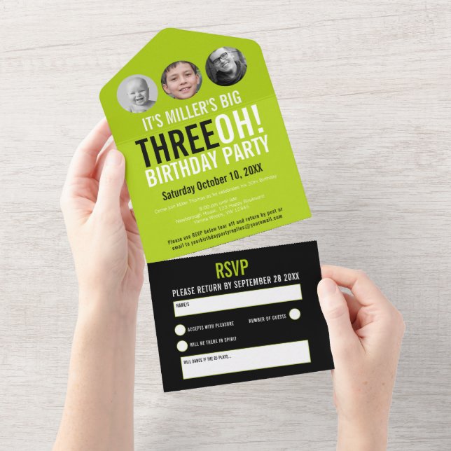 Invitation Tout En Un Vert noir 30e anniversaire fête photos personnalis (Déchirure)