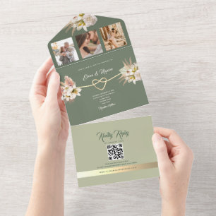 Invitation Tout En Un Vert olive Bohème Photo Mariage