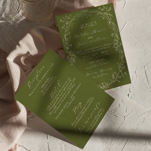 Invitation Tout en Un Vert Olive Floral Ancien Argent Mariage