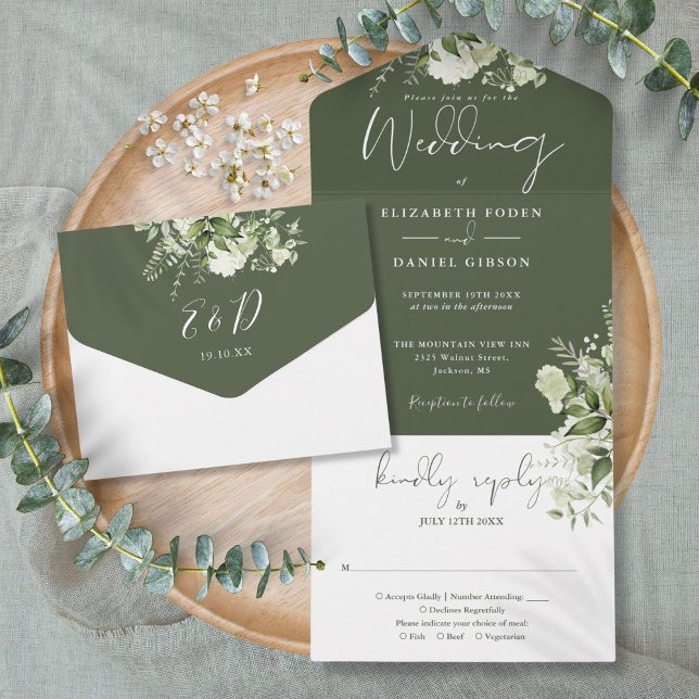 Invitation Tout En Un Vert olive vert verdure Floral Monogramme Mariage (Olive Green Greenery Floral Monogram Wedding All In One Invitation)