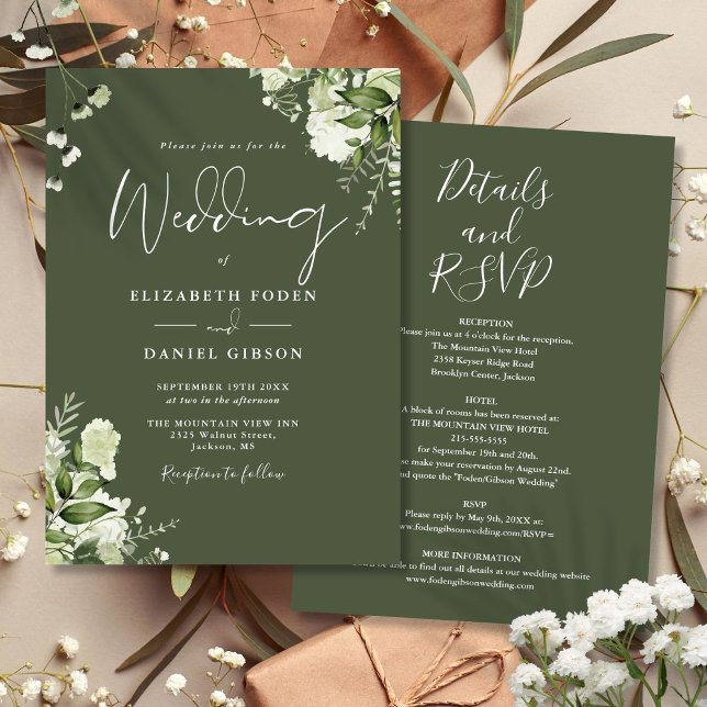 Invitation Tout en un vert olive vert verdure Mariage Floral (All In One Olive Green Greenery Floral Wedding Invitation)
