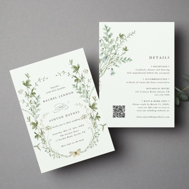 Invitation Tout en un vert pâle Élégant Mariage Fleur sauvage (Créateur téléchargé)
