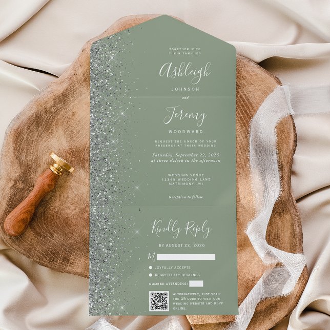 Invitation Tout En Un Vert sauge Argent Paillettes Code QR Mariage (Créateur téléchargé)