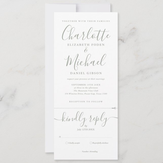 Invitation Tout En Un Vert Sauge Élégant Mariage Script (Devant)