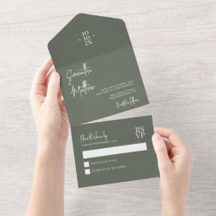 Invitation Tout En Un Vert sauge foncé Simple Mariage minimaliste modern