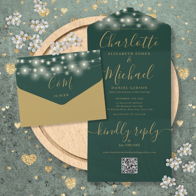 Invitation Tout En Un Verte Et Gold Chaîne Lights QR Code Mariage (Green And Gold String Lights QR Code Wedding All In One Invitation)