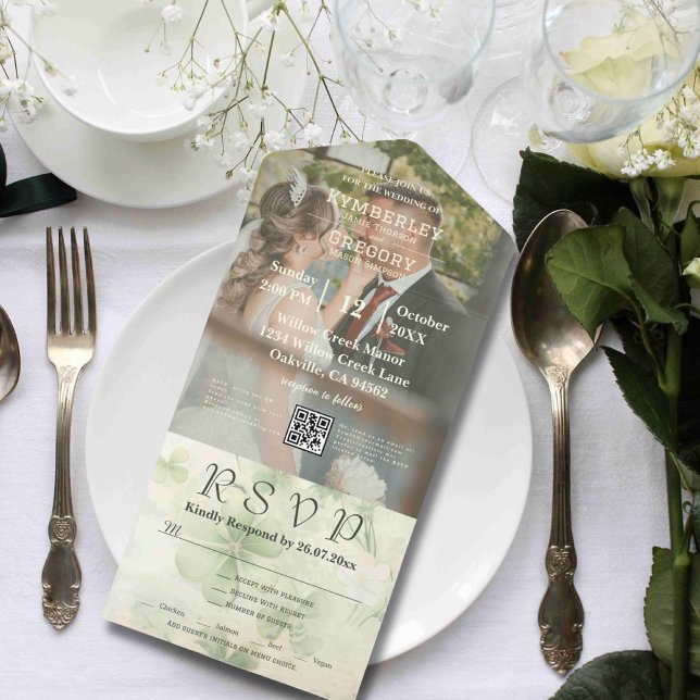 Invitation Tout En Un Vestiaire botanique Chartreuse verte Photo Code QR (Créateur téléchargé)