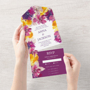 Invitation Tout En Un Vibrant Magenta violet jaune Mariage floral