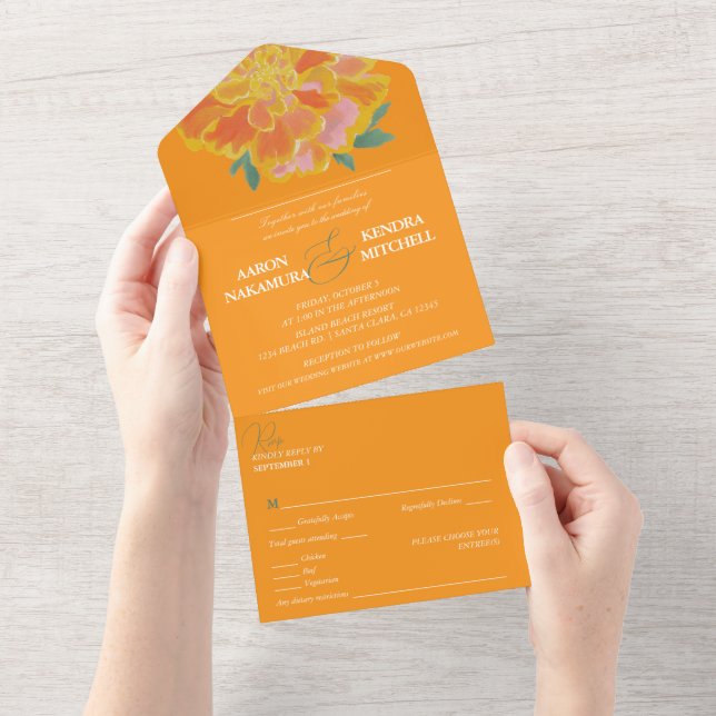 Invitation Tout En Un Vibrant Orange Marigold Summer Wedding (Déchirure)