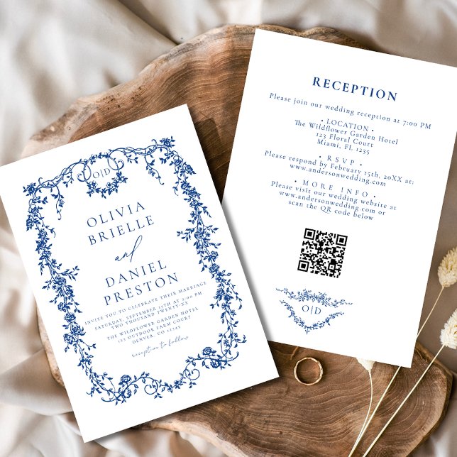 Invitation Tout en un Victorian Bleu Français Code QR Mariage (Créateur téléchargé)
