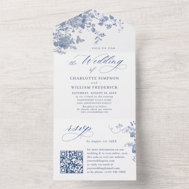Invitation Tout En Un Victorian Dusty Blue French Garden Floral Mariage (À l'intérieur)