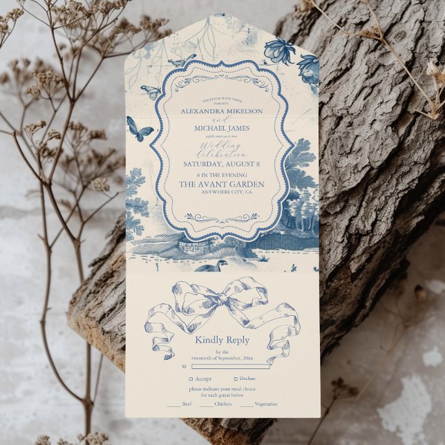 Invitation Tout En Un Victorian Dusty Blue French Toile Mariage (Créateur téléchargé)
