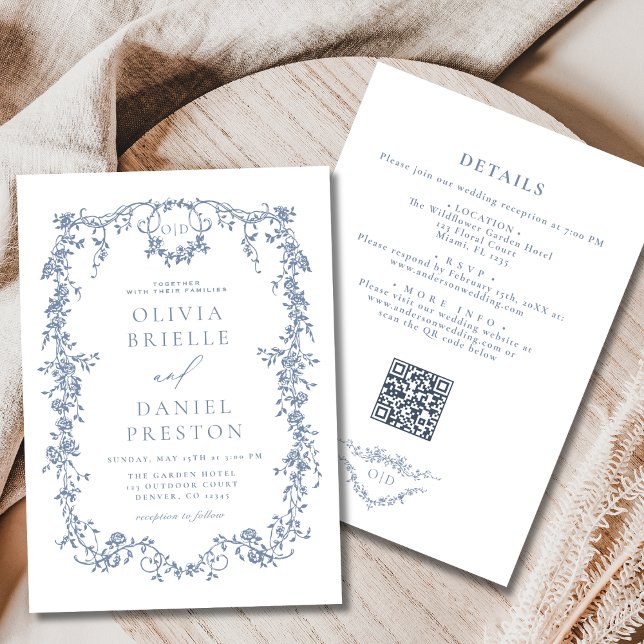 Invitation Tout en un Victorian Dusty Blue QR Code Mariage (Créateur téléchargé)
