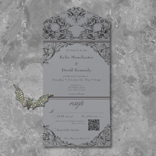 Invitation Tout En Un Victorien jusqu'à la mort Noir & Gris Mariage QR C