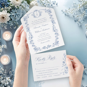 Invitation Tout En Un Victorien Ornate Grace Floral Dusty Mariage bleu