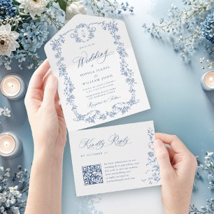 Invitation Tout En Un Victorien Ornate Grace Floral Dusty Mariage bleu