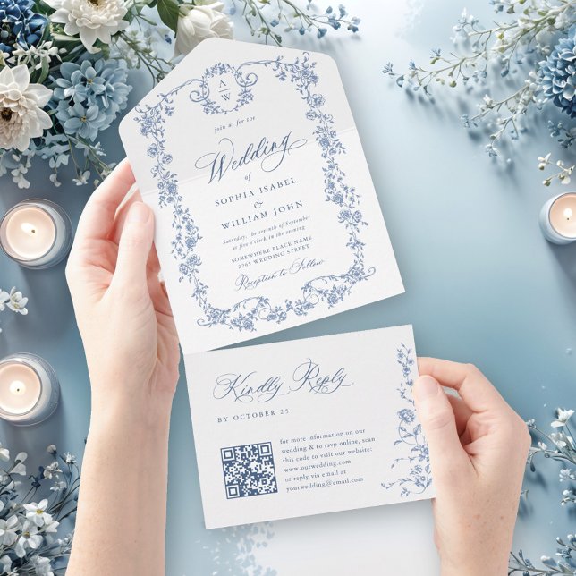 Invitation Tout En Un Victorien Ornate Grace Floral Dusty Mariage bleu (Créateur téléchargé)