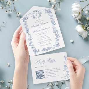 Invitation Tout En Un Victorien Ornate Grace Floral Dusty Mariage bleu