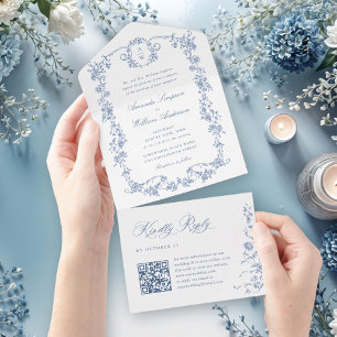 Invitation Tout En Un Victorien Ornate Grace Floral Dusty Mariage bleu