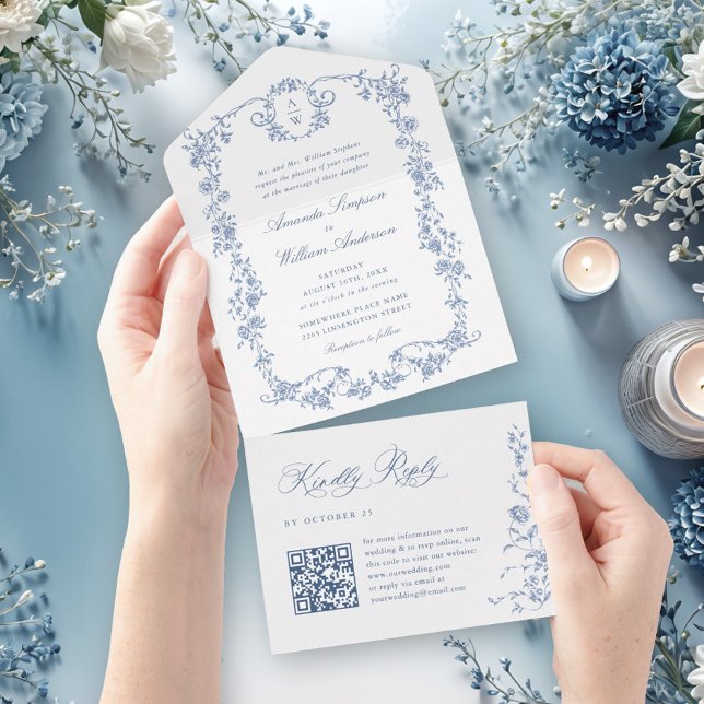 Invitation Tout En Un Victorien Ornate Grace Floral Dusty Mariage bleu (Créateur téléchargé)