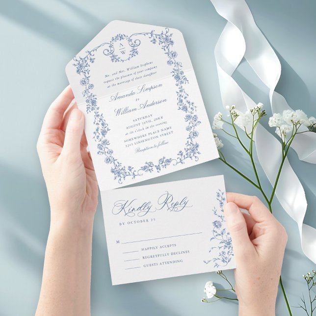 Invitation Tout En Un Victorien Ornate Grace Floral Dusty Mariage bleu (Créateur téléchargé)