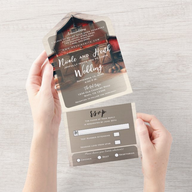 Invitation Tout En Un Vieille Grange Rouge Mariage Campagnard Rustique (Déchirure)