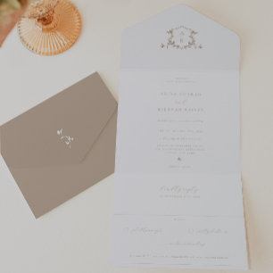 Invitation Tout En Un Vignes intemporelles Monogramme beige Mariage Cres