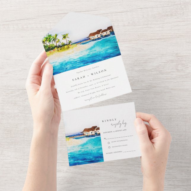 Invitation Tout En Un Villa Tropical Overwater Seascape Beach Mariage (Déchirure)
