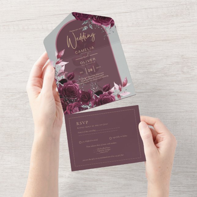 Invitation Tout En Un Vin Bourgogne Rose Gold Texte Mariage INVITE (Déchirure)