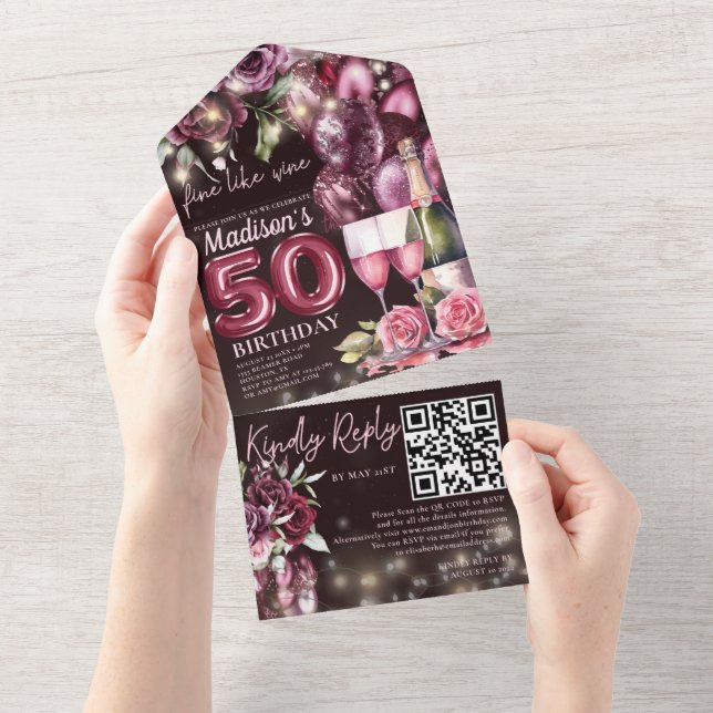 Invitation Tout En Un Vin fin 50e Anniversaire Rsvp QR Code (Déchirure)