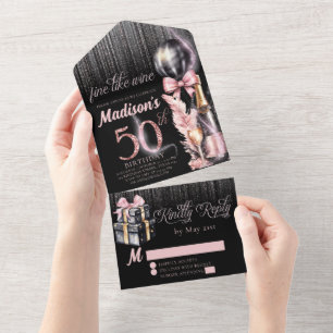 Invitation Tout En Un Vin Rose de luxe Adulte 50e anniversaire