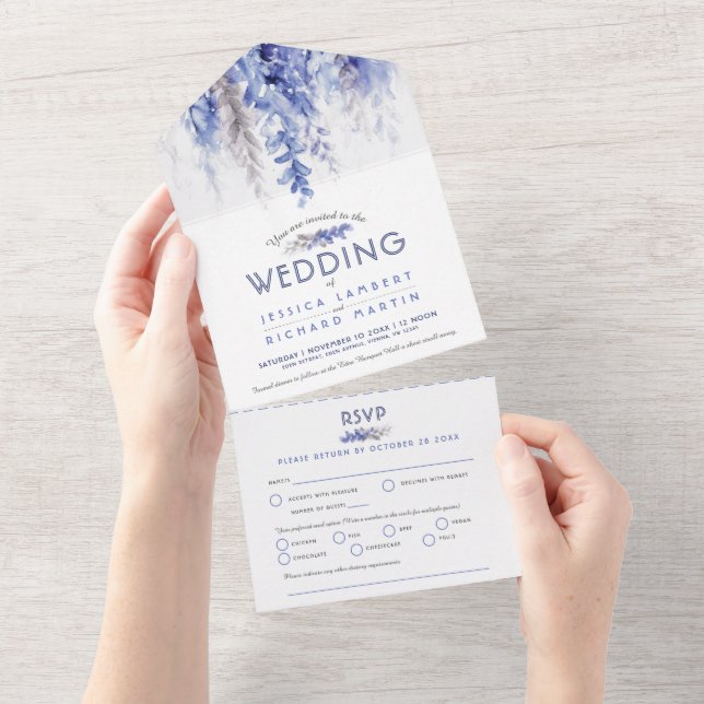 Invitation Tout En Un Vine d'aquarelle bleu foncé gris mariage d'hiver R (Déchirure)