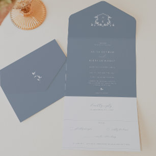 Invitation Tout En Un Vins intemporels Dusty Blue Monogram Mariage Crest